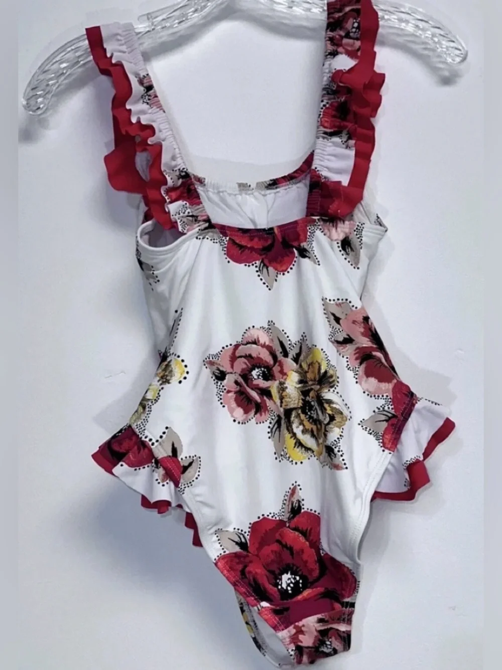 Decree One-Piece Size S White Red Floral Rose Print Swimsuit Ruffle Trim